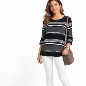 Ann Taylor LOFT Size Medium B&W Dots & Stripes Semi-sheer Chiffon Roll Tab Tunic